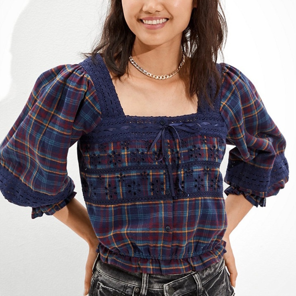 American Eagle Plaid Peasant Top Cropped Square Neck Blouse Small